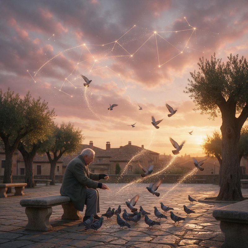 Elderly man feeds pigeons in a cobblestone village square beneath glowing magical constellations ...