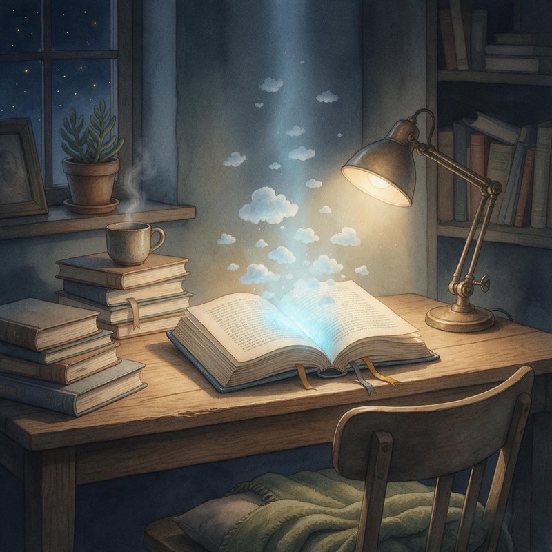Glowing magical open book releases floating clouds above a cozy lit wooden desk on a starry night