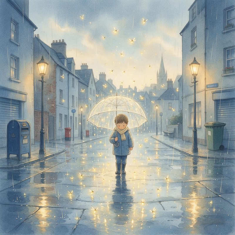 Young boy holding a clear umbrella stands on a rainy cobblestone street surrounded by glowing fir...