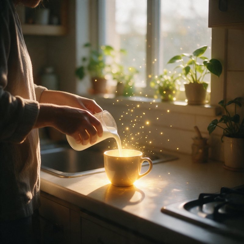 Person pouring milk into a glowing mug with floating sparkles in a sunlit home kitchen