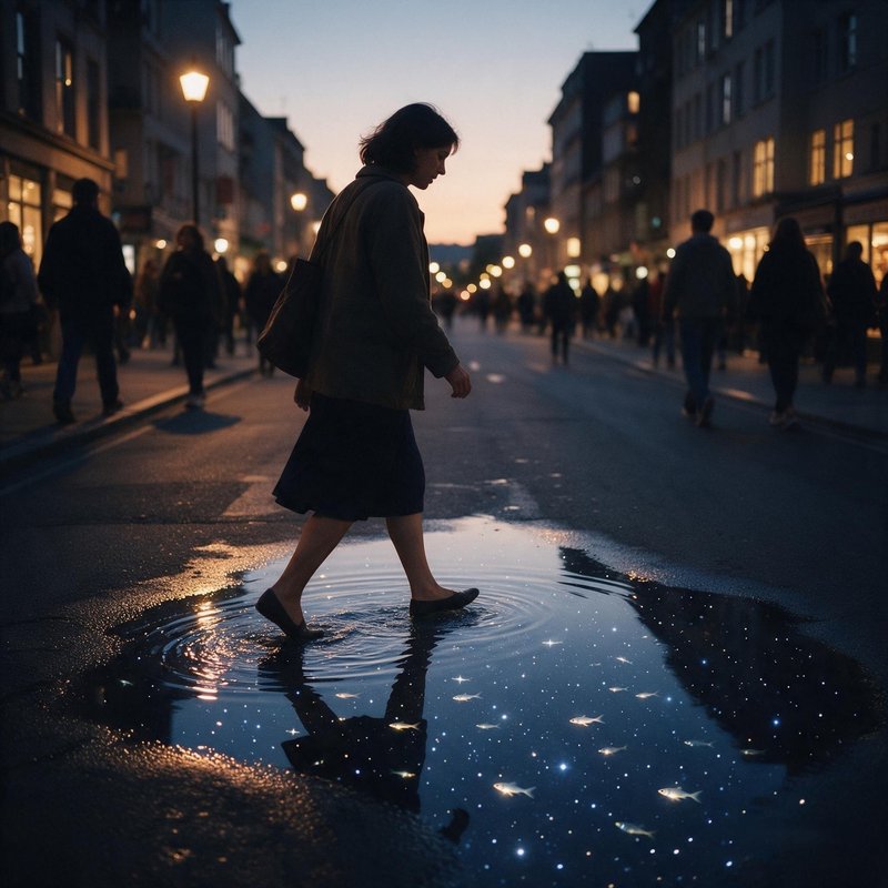 Woman stepping through a glowing starry puddle with tiny fish on a busy city street at twilight