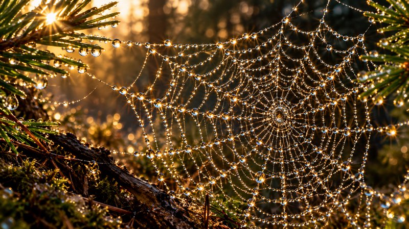Dew-covered orb spider web glows with sparkling droplets in golden sunrise pine forest.