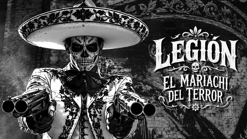 Sugar skull mariachi in an embroidered sombrero points two guns at the viewer beside stylized tit...