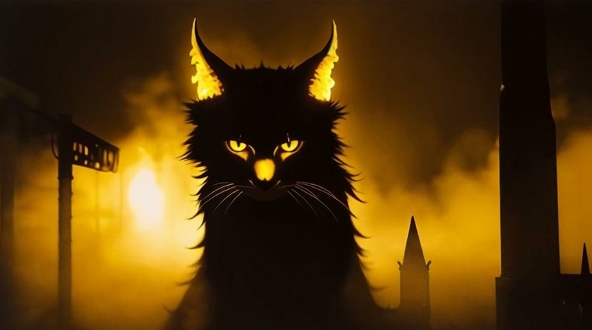 Silhouetted black cat with glowing yellow eyes and horns in a smoky, orange-lit cityscape.