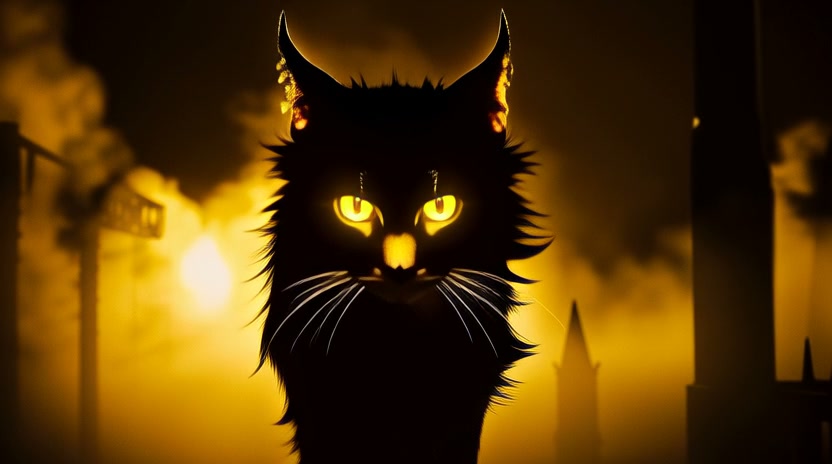 Silhouetted black cat with glowing yellow eyes in a foggy, eerie street scene