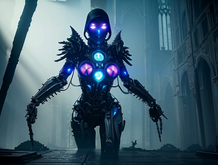 Futuristic armored droid with glowing blue and purple core lights in a dim cathedral-like ruin.