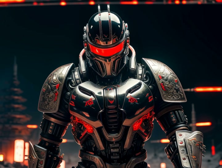 Futuristic armored warrior with a red visor and chrome suit in a dark, neon-lit setting