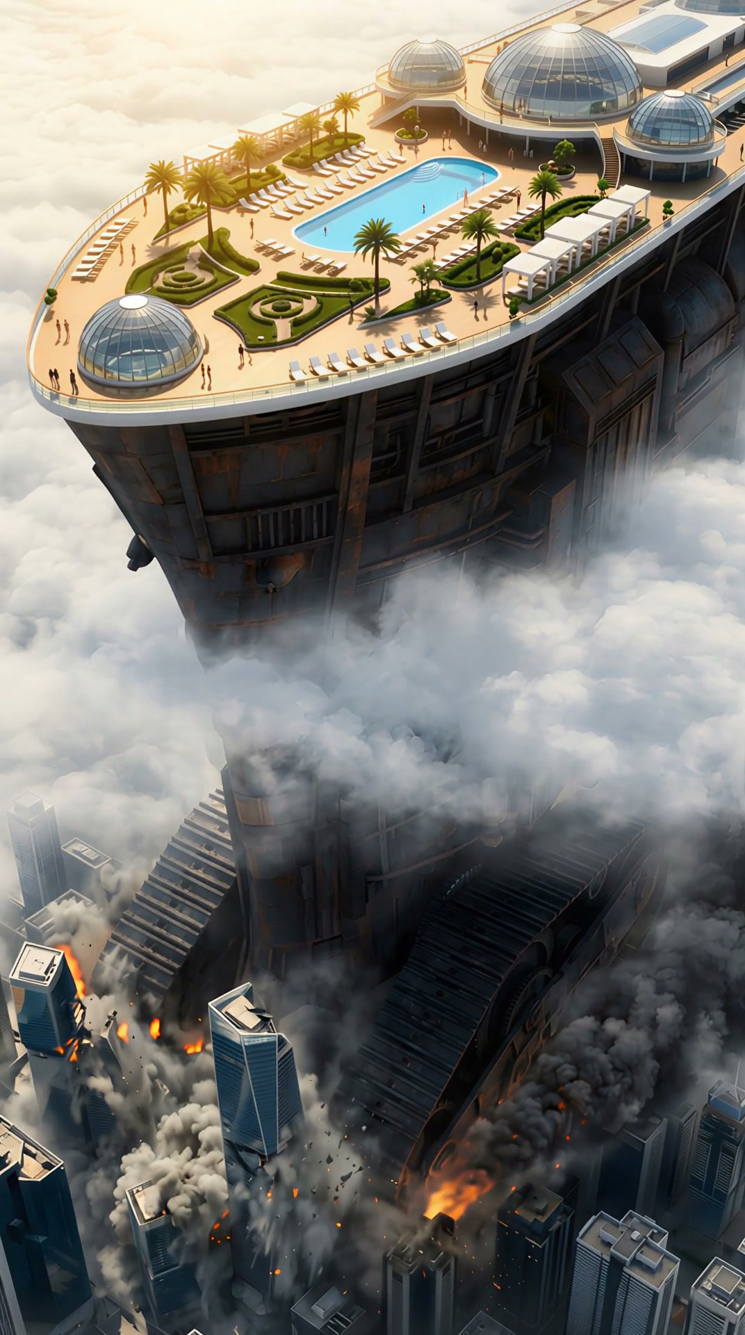 Futuristic rooftop pool area with glass domes on a sky-high luxury tower above clouds.