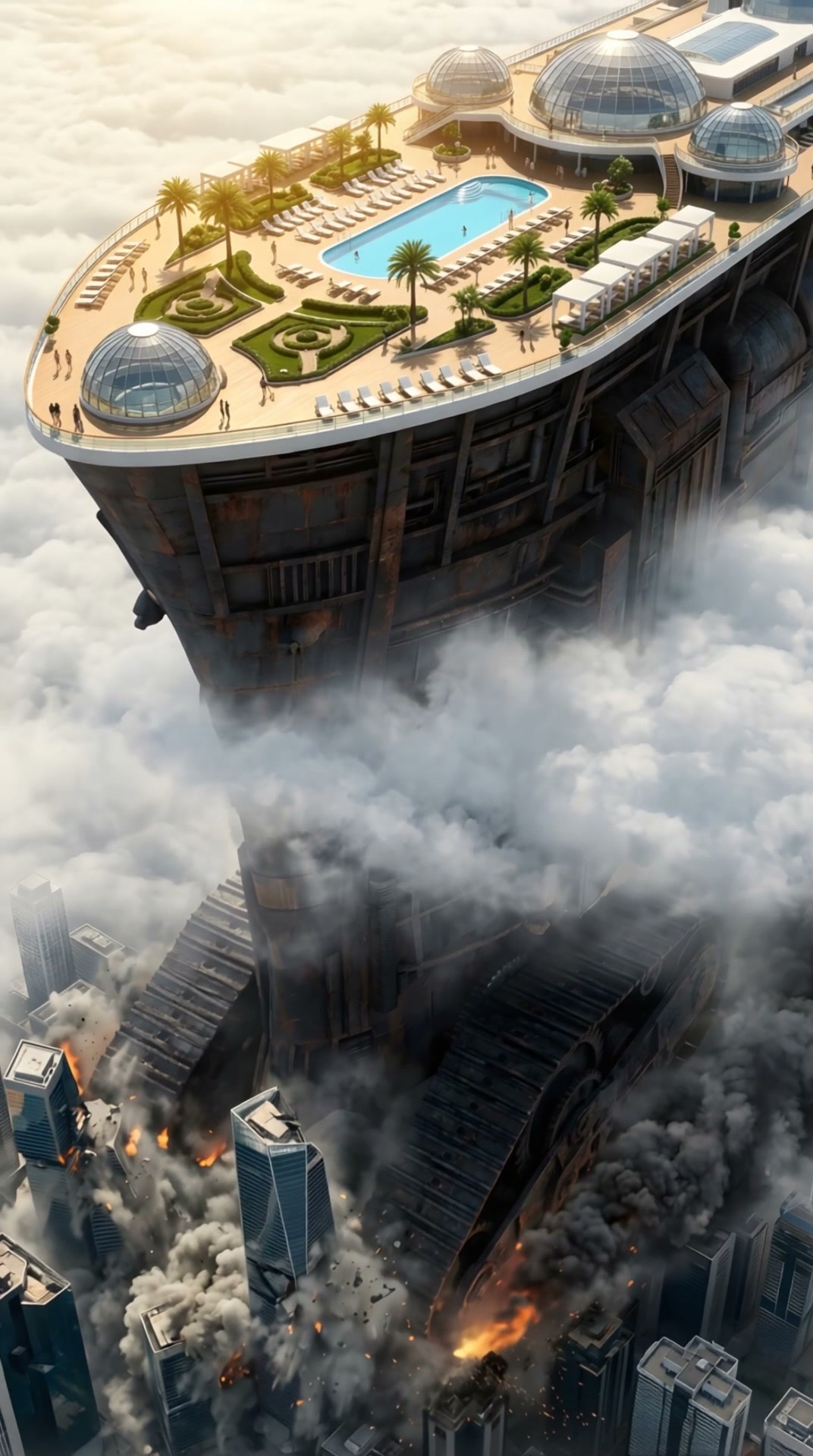 A futuristic rooftop pool and glass-domed pavilions on a floating skyscraper above the clouds.