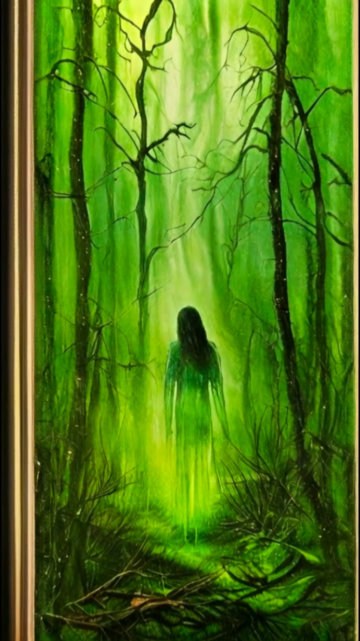 Ethereal female silhouette in a glowing emerald forest with tall dark trees.