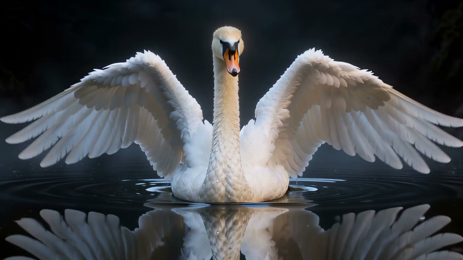 White swan with wings fully spread on dark water, dramatic lighting and reflection