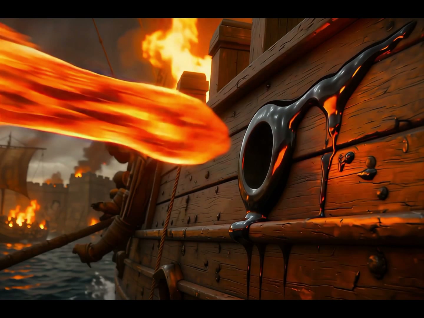 A fiery molten stream hits a wooden ship’s side during a dramatic battle scene.