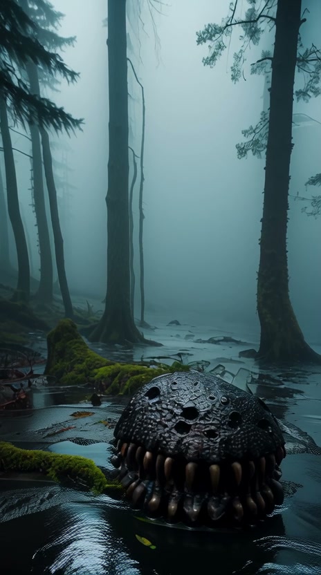 Foggy forest swamp with dark water and a large, toothy, armored creature emerging from the surface.