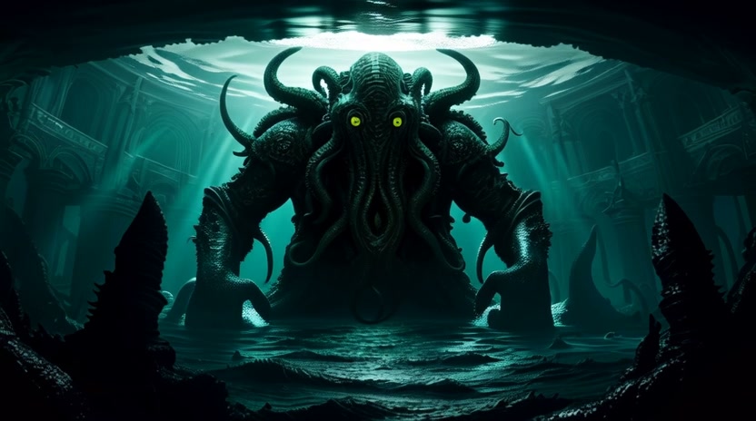 Giant tentacled Cthulhu monster with glowing yellow eyes looms in a sunken underwater ancient ruin