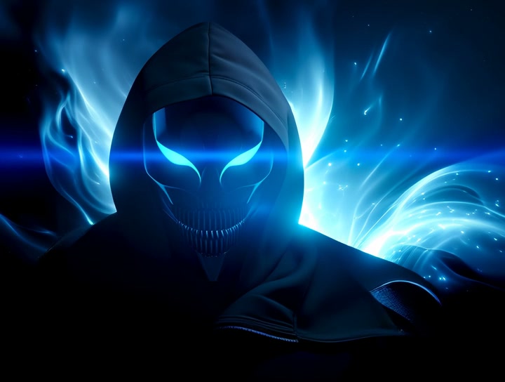 Hooded anonymous masked figure with glowing blue eyes, surrounded by swirling luminous blue ether...