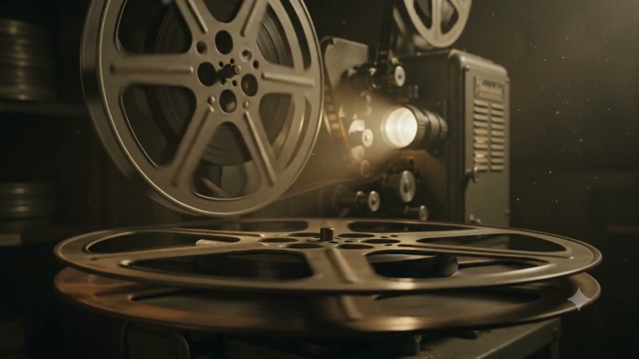 Vintage analog film projector glows, surrounded by large metal movie reels in a dim, moody sepia-...