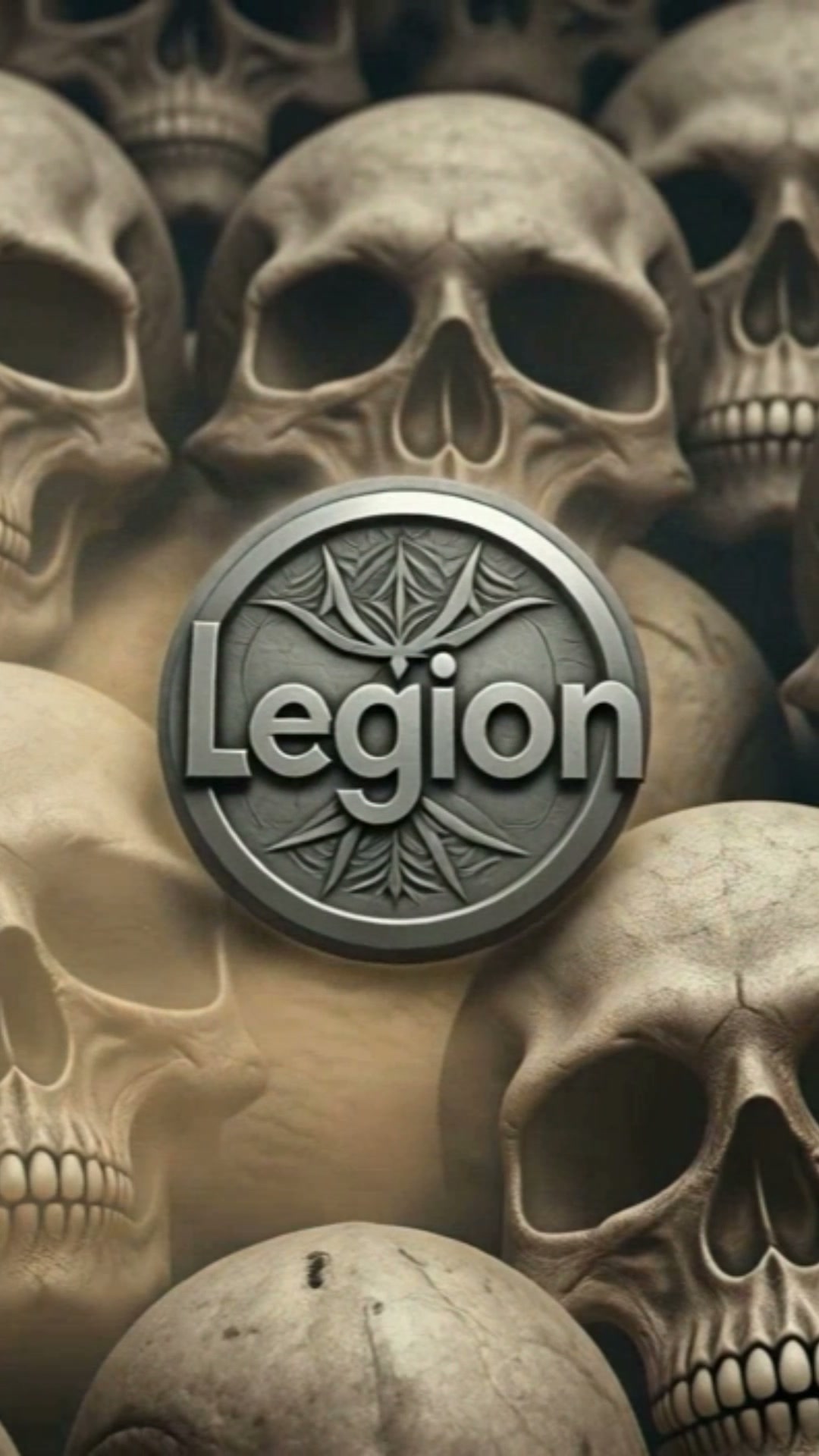 Circular metallic "Legion" emblem centered over a dense backdrop of weathered realistic human sku...