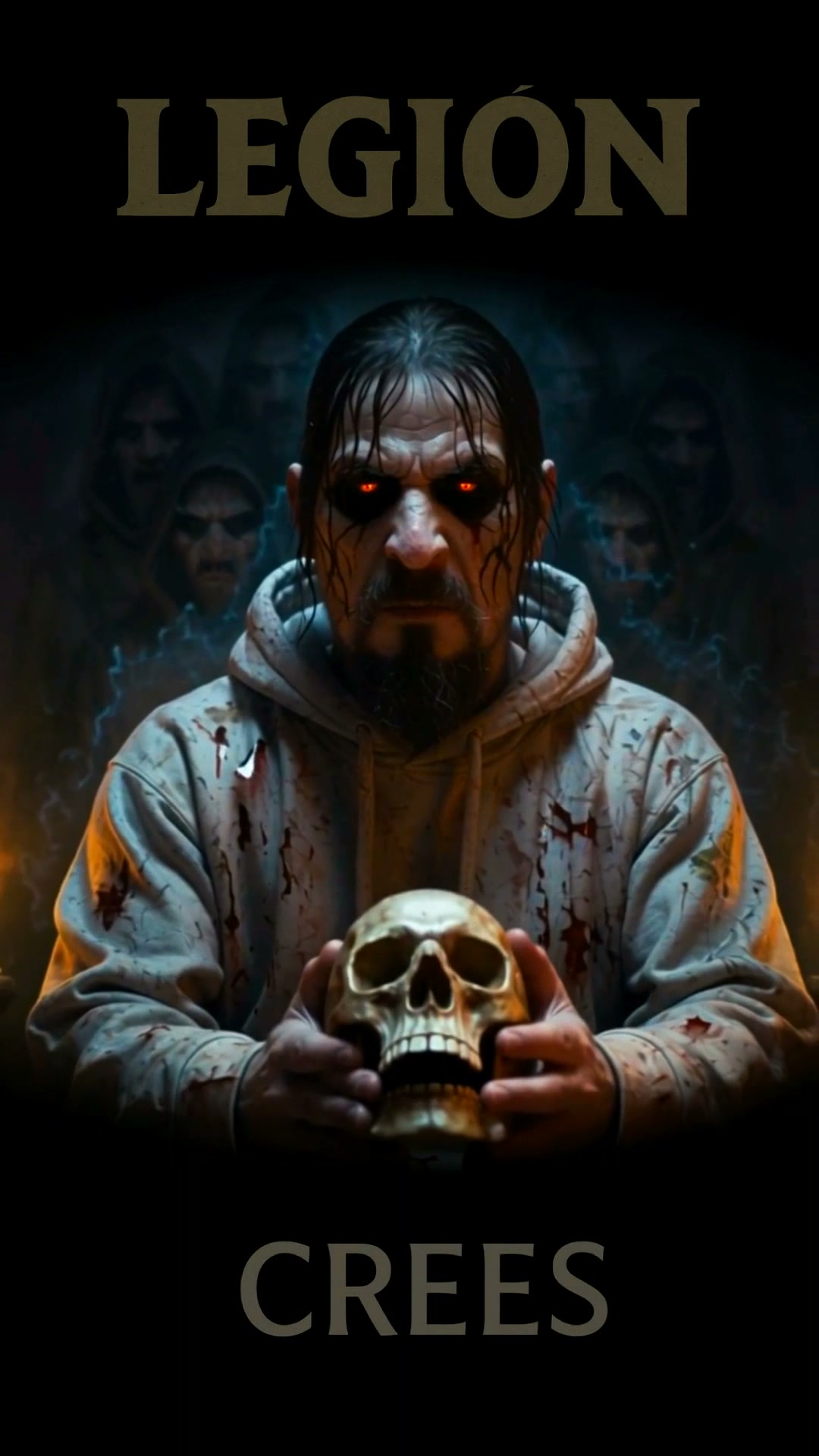 Menacing horror poster of red-eyed possessed man holding a golden skull, "LEGION" / "CREES" text,...