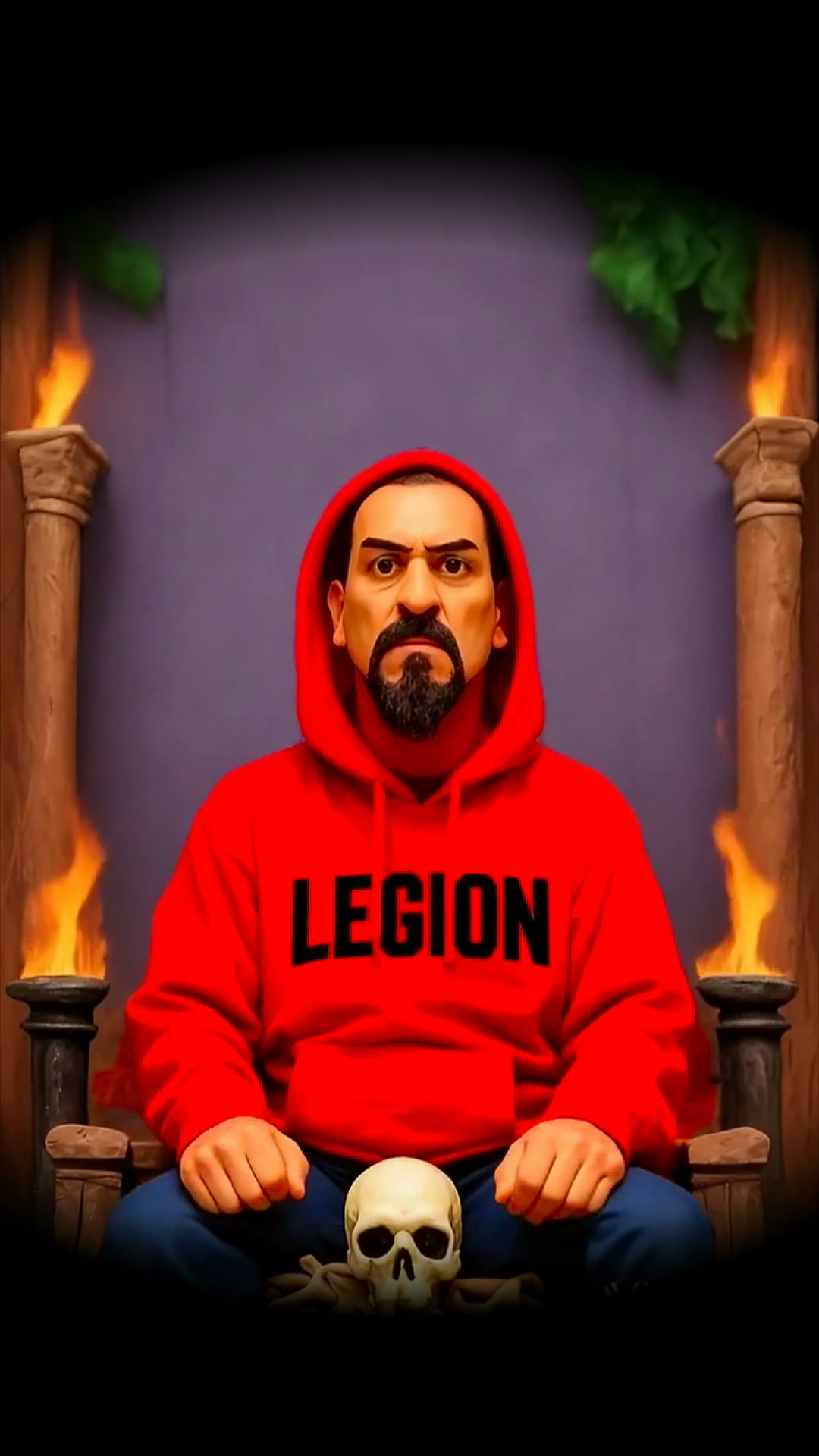 Stylized 3D render of a stern bearded man in a red LEGION hoodie, seated on a throne with a skull...