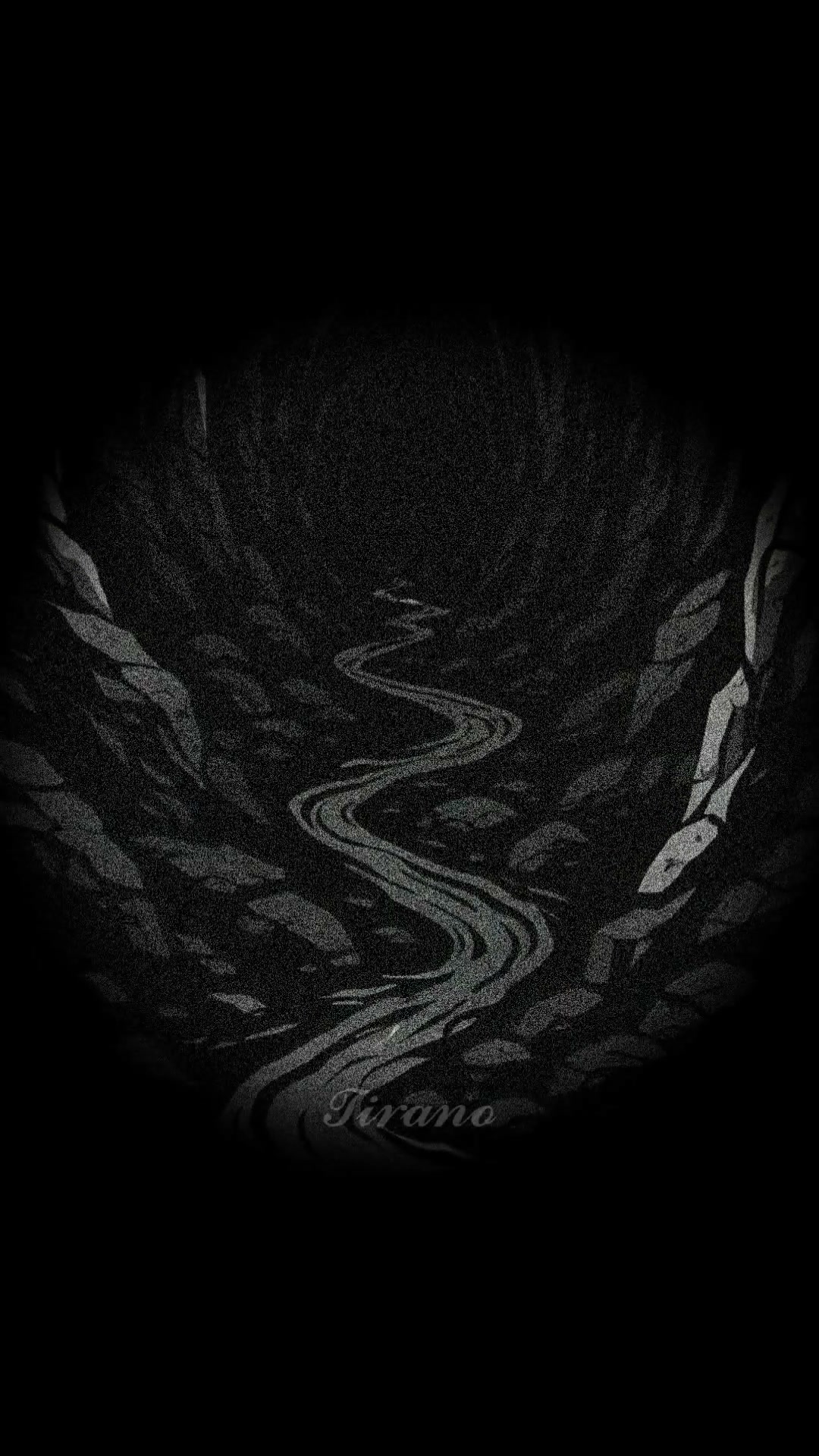 Dark grainy illustration of a winding forest path framed by a circular black vignette border