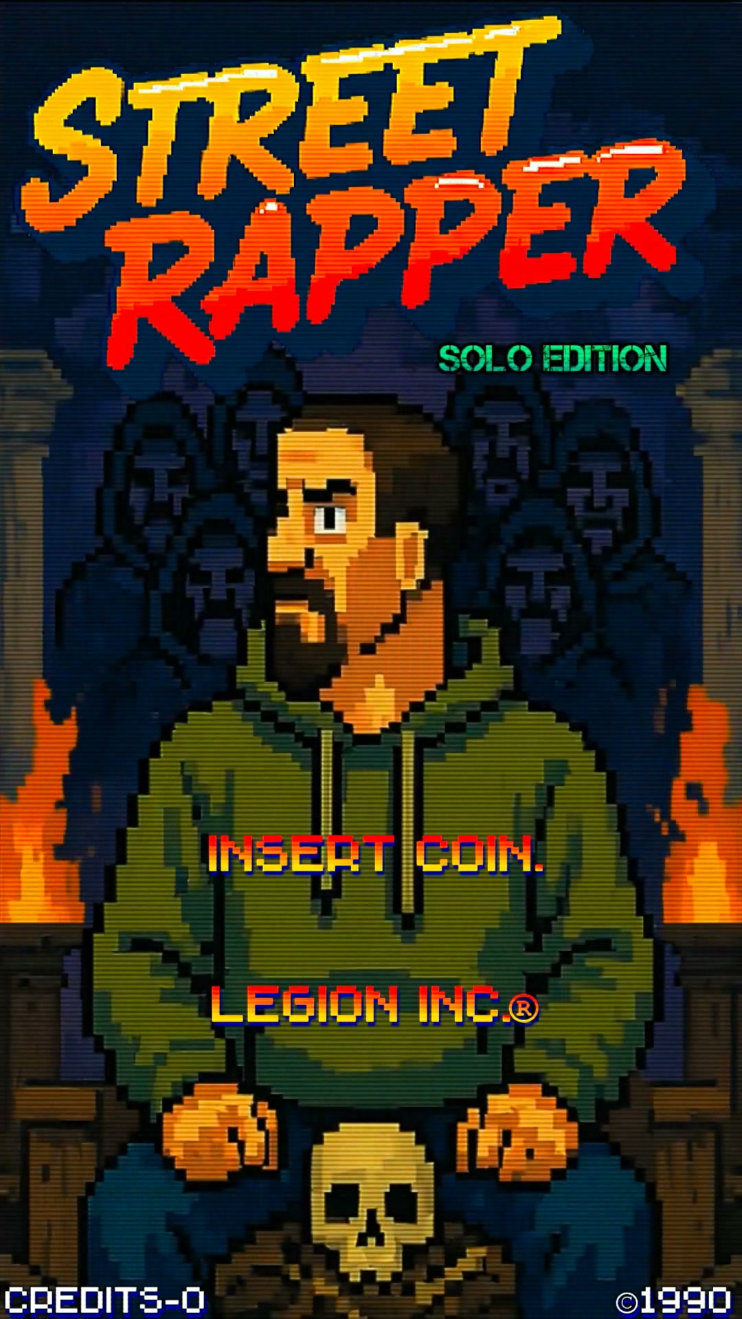 Retro pixel arcade title screen for Street Rapper featuring a bearded hooded character and insert...