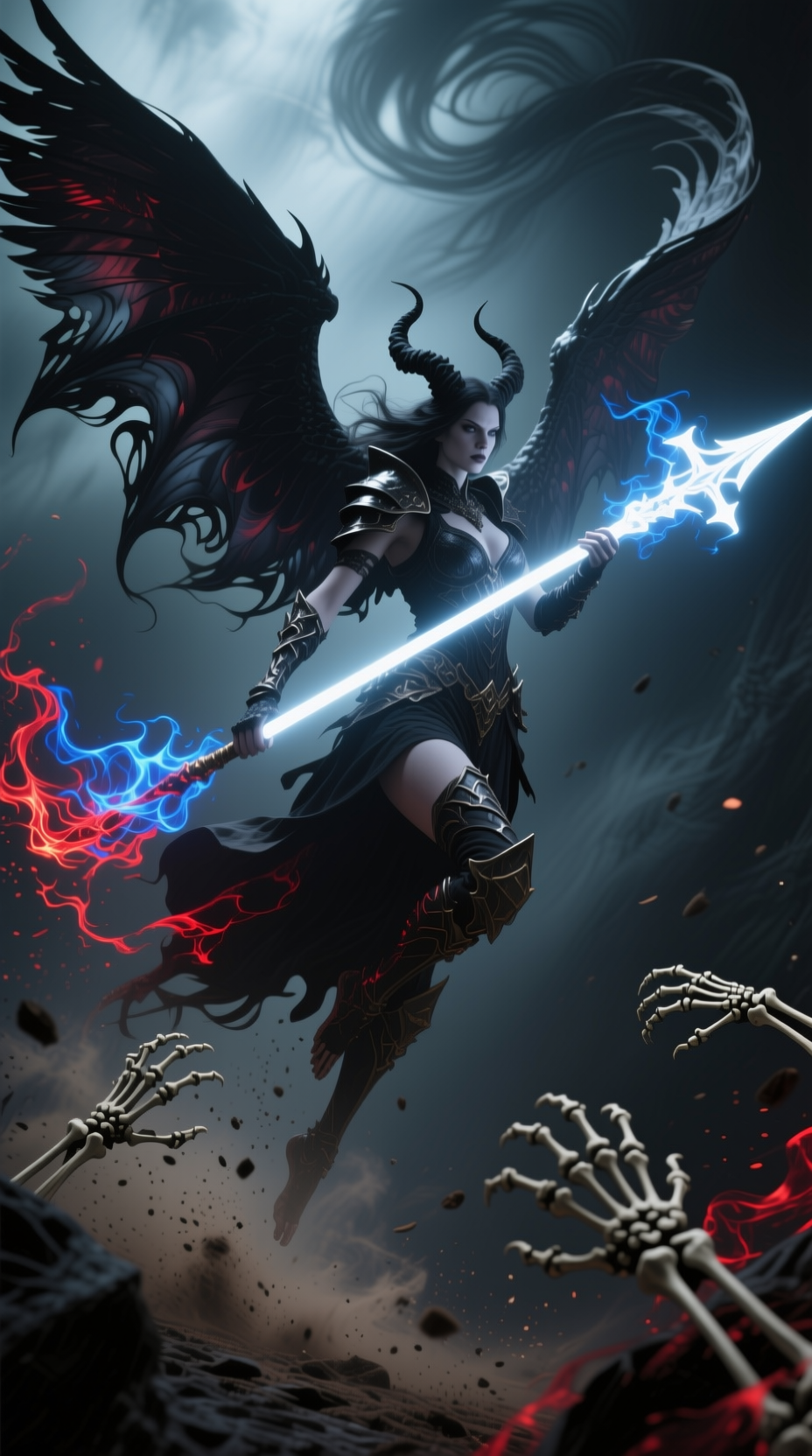 Horned winged dark fantasy warrior holds a glowing magical spear above rising skeletal battlefield hands