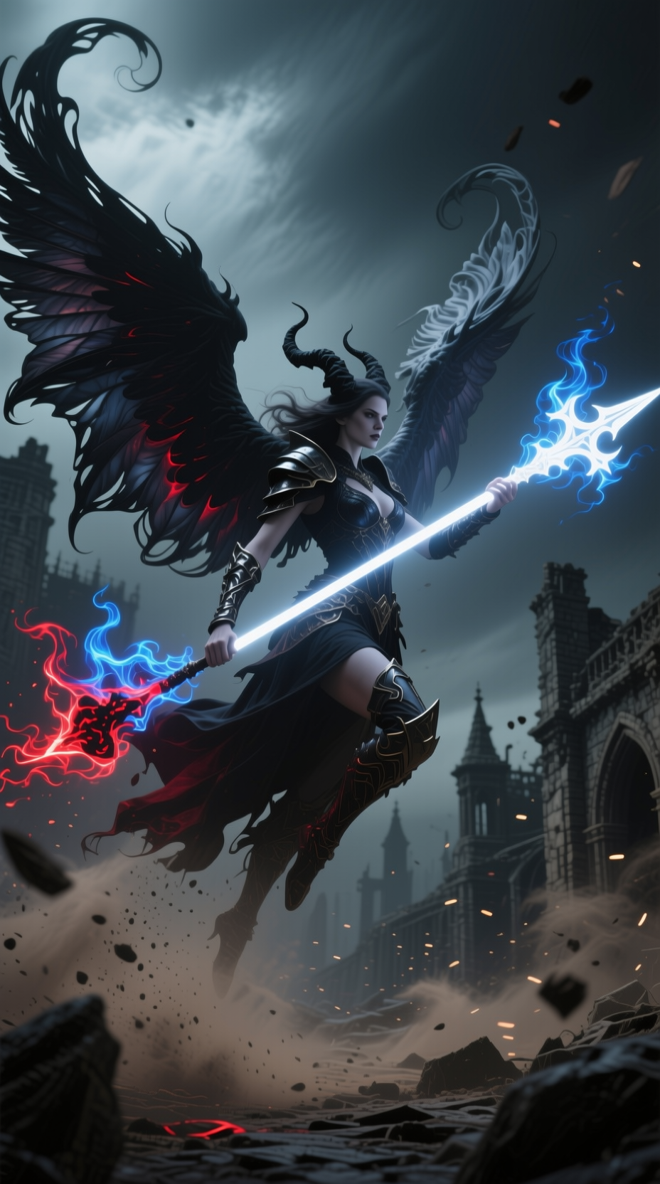 Horned winged dark valkyrie wields a glowing dual elemental spear above a storm-battered ruined battlefield