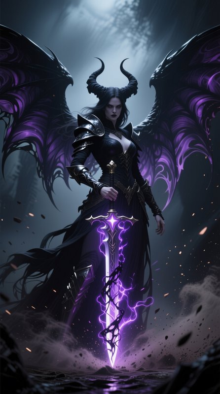 Horned dark fantasy warrior with demonic wings holds a glowing purple enchanted sword