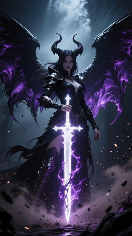 Horned dark fantasy fallen angel holding a glowing enchanted purple sword in a misty dark realm