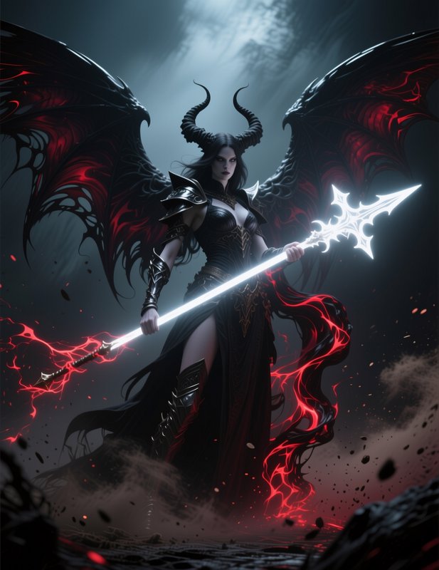 Horned demonic warrior queen with bat wings holds a glowing spear standing in a dark misty battle...