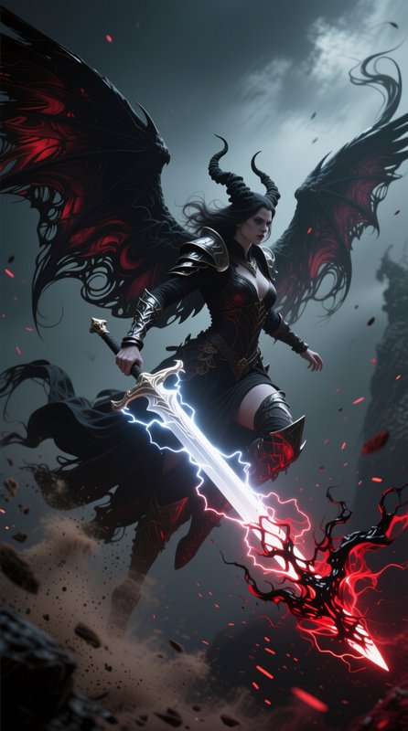 Horned winged dark fantasy female warrior wields a glowing lightning sword above a stormy battlef...