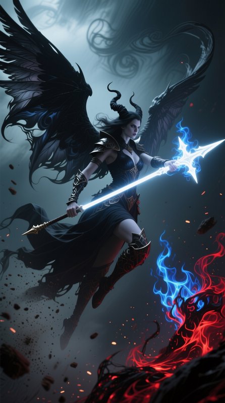 Horned dark winged warrior woman holds a glowing magical spear leaping above a fiery cursed battl...