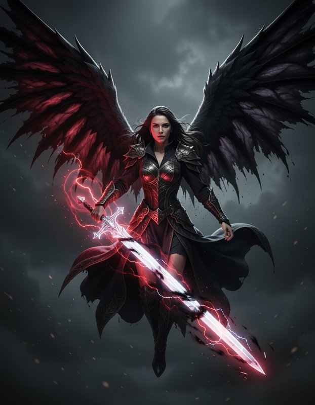 Dark winged fallen angel warrior wields a glowing lightning sword against a stormy sky