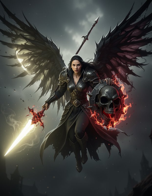 Female dark fallen angel warrior flies wielding a glowing sword and flaming skull shield against ...
