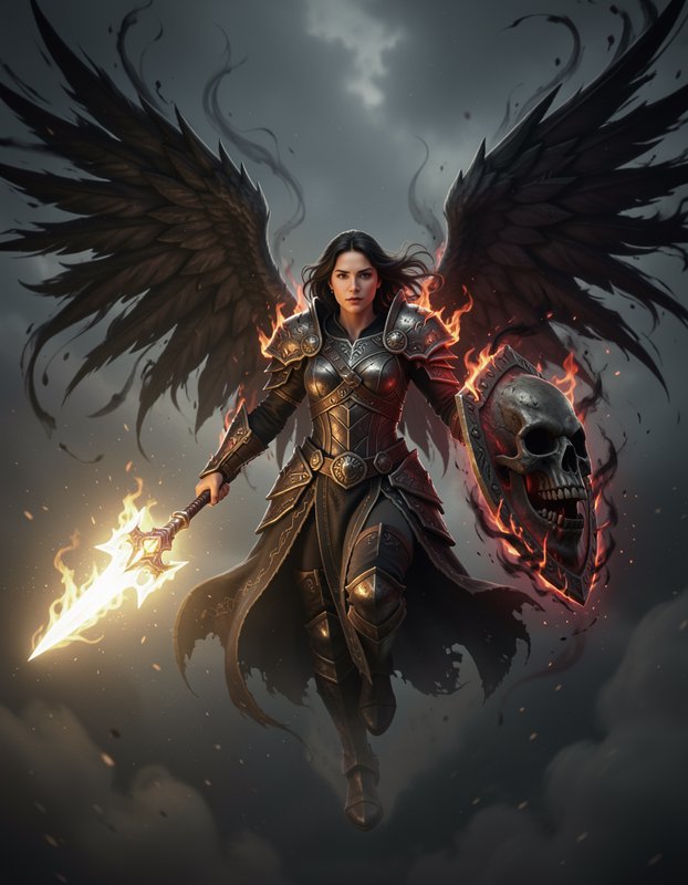 Female fallen angel warrior with black wings holds a flaming sword and skull shield mid-flight