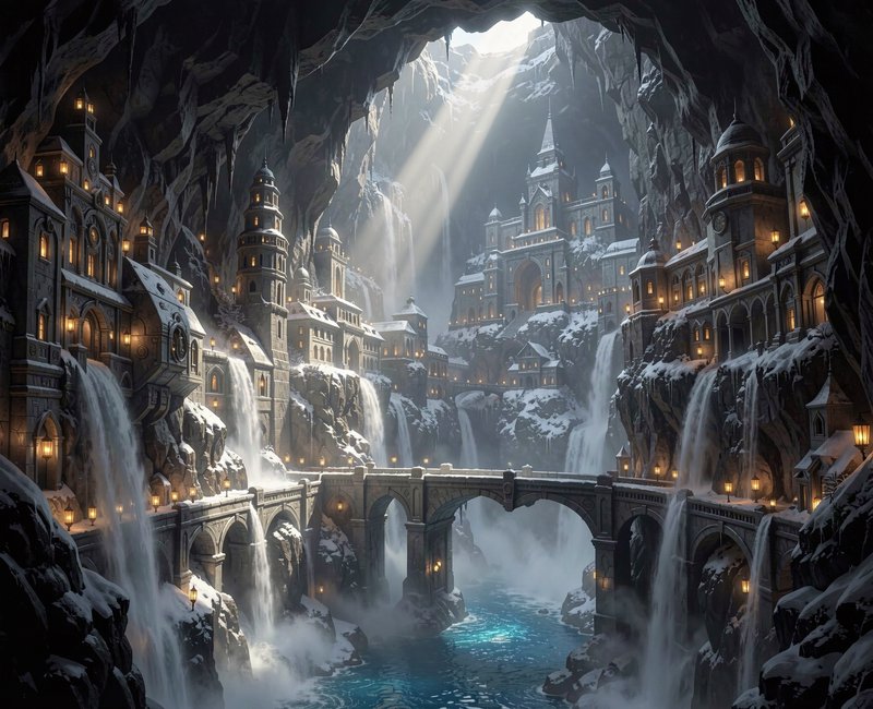Sunbeams fall on a snow-dusted fantasy stone city built inside a vast cave lined with cascading w...
