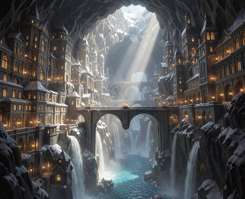 Sunbeams stream into a sprawling stone underground cave city lined with buildings, bridges, and c...