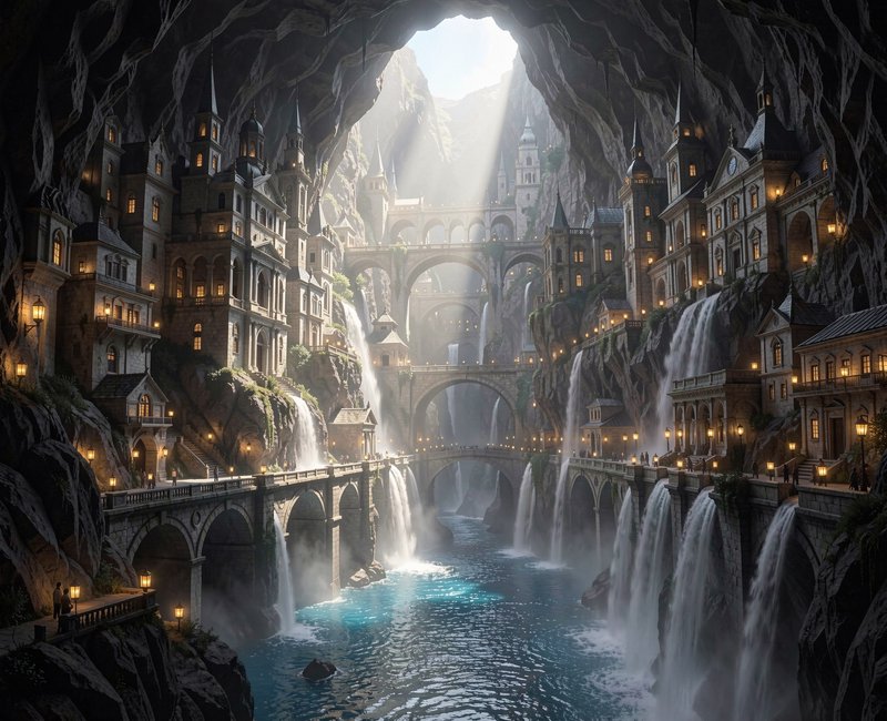 Sunbeams pour into a vast cave holding a tiered fantasy stone city lined with cascading waterfall...