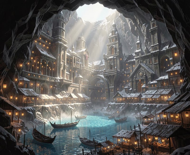 Sunbeams fall on a snow-dusted medieval fantasy port city built inside a rocky mountain cave overlooking a turquoise harbor