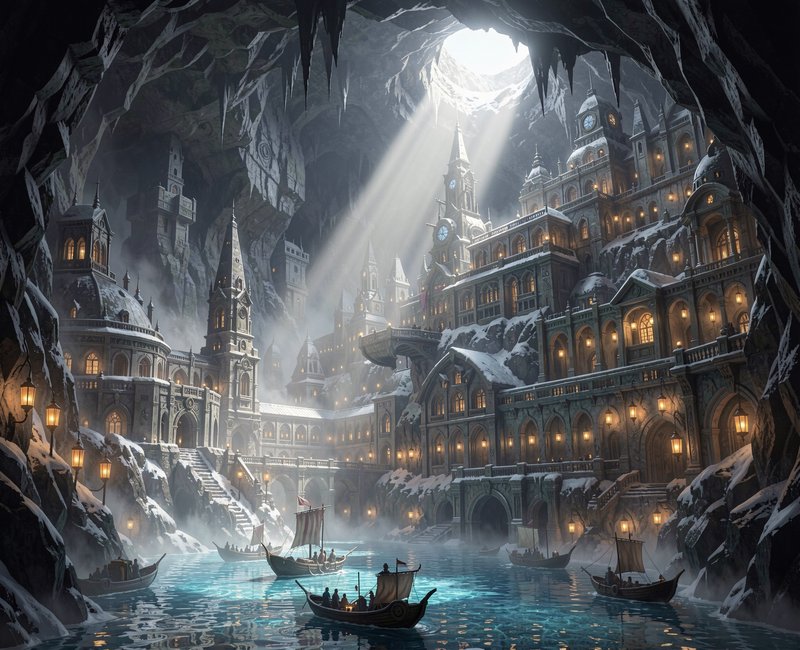 Sunbeams stream onto a grand snow-dusted underground cave city with wooden longships on glowing t...