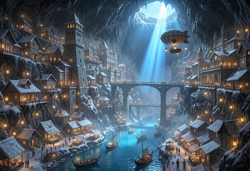 Steampunk airship floats above a snowy subterranean port town built inside an icy cavern