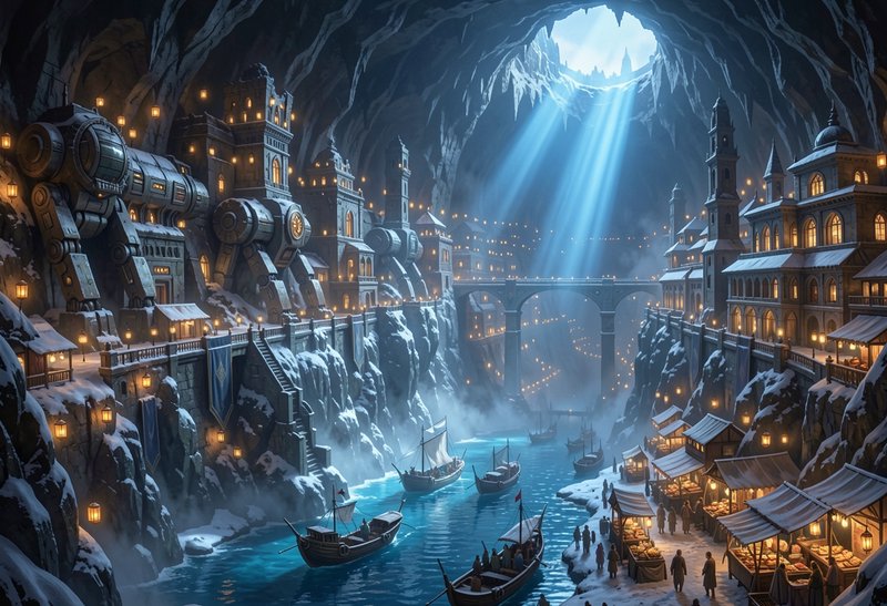 Steampunk underground cave port city with snow-dusted buildings, sailing ships, and warm glowing ...