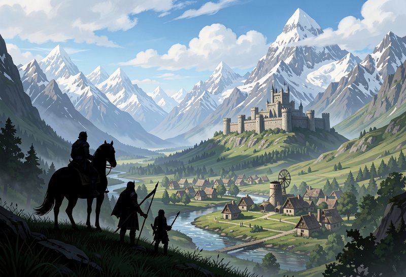 Silhouetted fantasy warriors overlook a stone castle, village, and snow-capped alpine valley from...