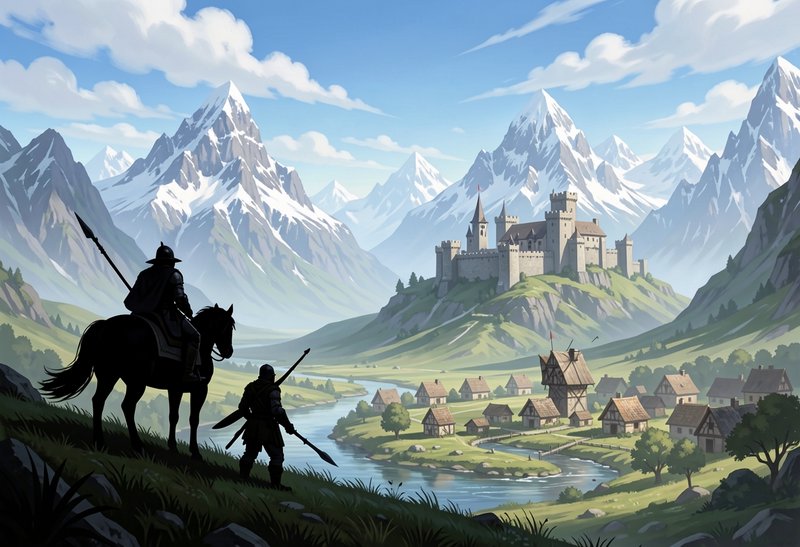 Armored warrior silhouettes overlook a medieval castle and village in a snow-capped mountain valley