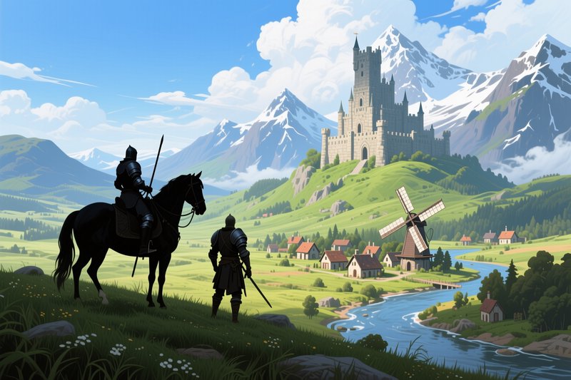 Two armored knights overlook a medieval castle, village, and snow-capped mountain landscape