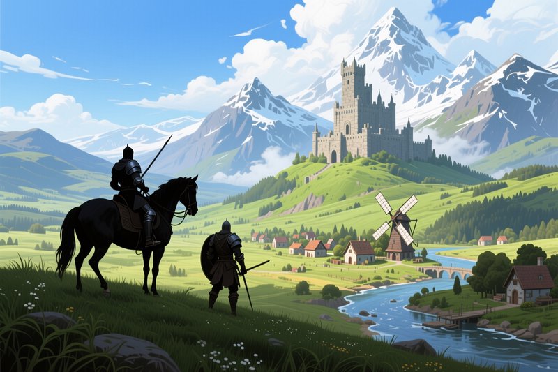 Two armored medieval knights overlook a sunlit fantasy valley with a stone castle, village, and snow-capped mountains