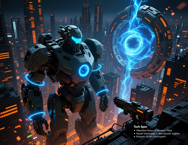 Giant armored futuristic mech overlooks a neon cyberpunk city beside a glowing blue energy portal