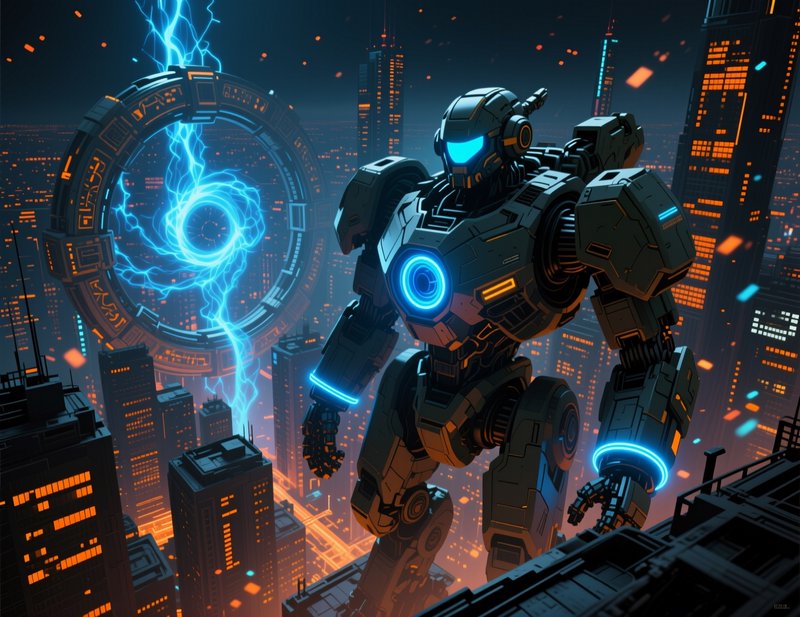 Giant armored battle mech stands on a skyscraper overlooking a neon cyberpunk city next to a glowing electric energy portal