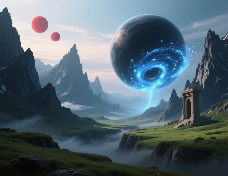 Surreal alien mountain landscape with ancient stone arch, glowing cosmic orb, and twin red planets in the sky