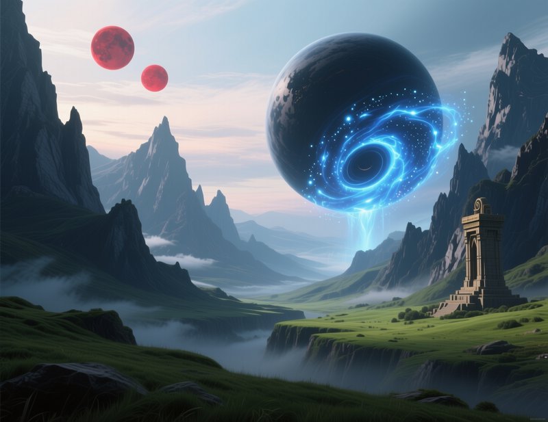 Surreal alien valley with floating glowing cosmic orb, twin red moons, and ancient stone temple